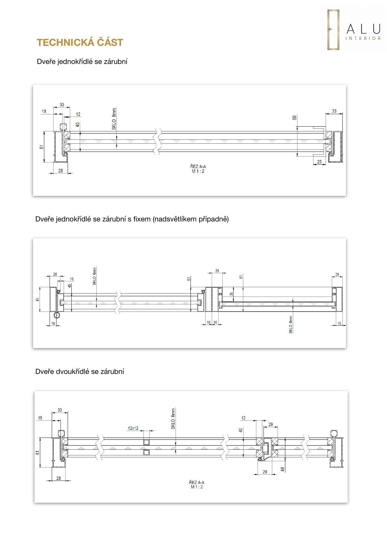 Technical sections: single and double leaf doors with frame